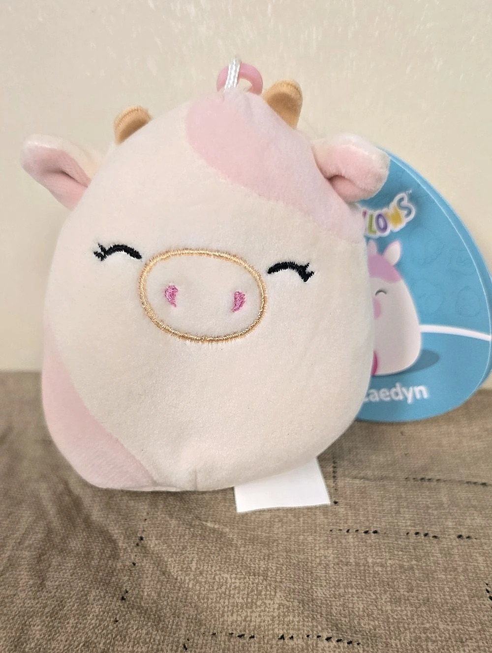 Squishmallows Caedyn the Cow Clip Pink & White Plush